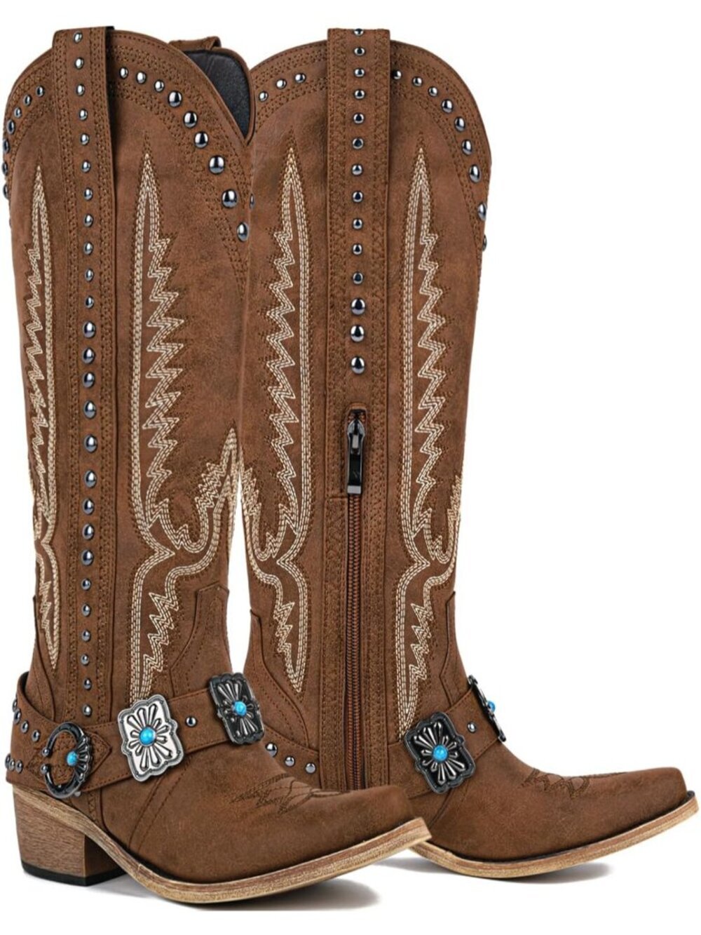 Women's Knee High Western Cowgirl Boots Brown with Embroidery Belt Buckle Chains